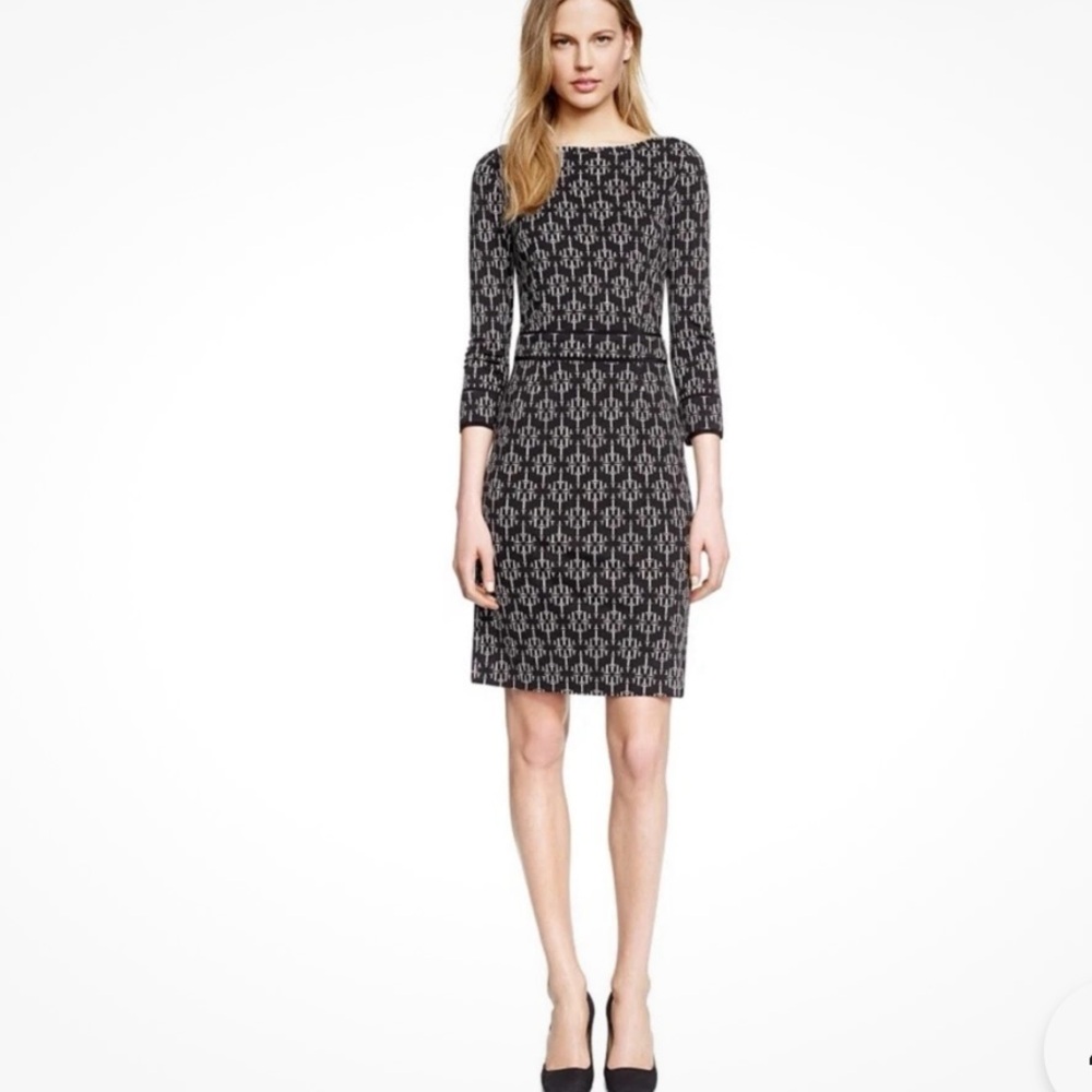 Tory Burch Double-T Logo Monogram Print Shift Dress Black Ivory Small